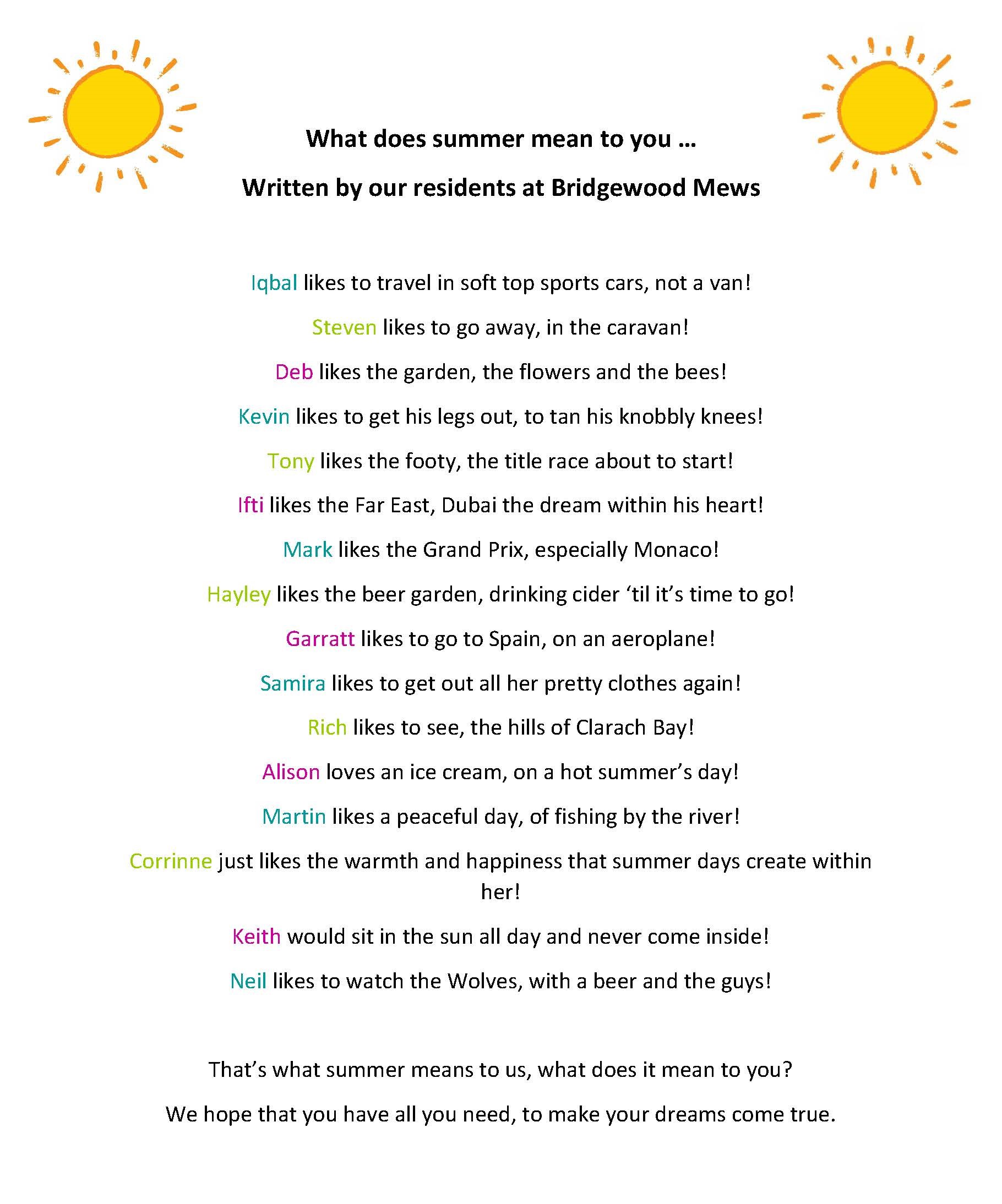 A poem about summer from residents and colleagues at Bridgewood Mews