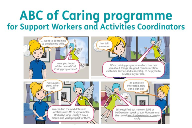 Cartoon showing our ABC of Caring training programme
