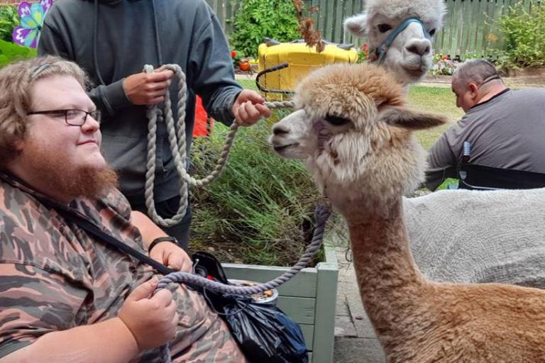 Photo of care home resident outside with an alpaca